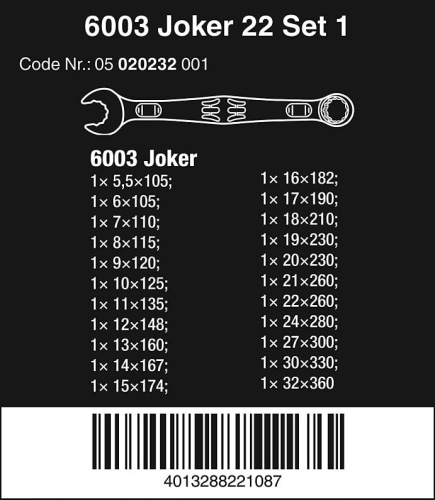 Набор комбинированных гаечных ключей WERA 6003 Joker 22 Set 1 WE-020232 фото 2