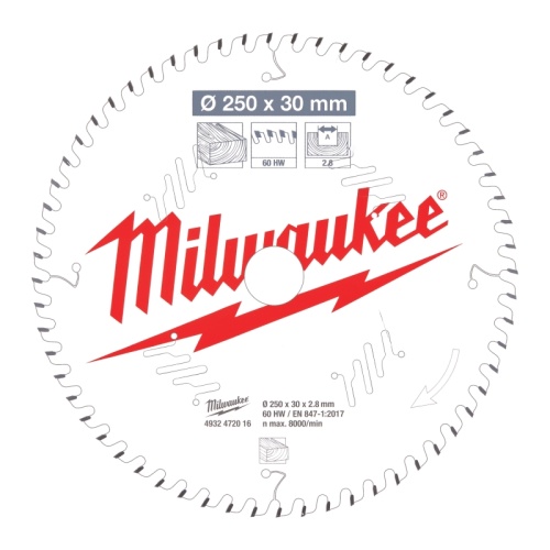 4932472016 MILWAUKEE Пильный диск для торцовочной пилы по дереву 250x30x2,8x60 скошенные зубья 4932472016 MILWAUKEE Пильный диск для торцовочной пилы по дереву 250x30x2,8x60 скошенные зубья