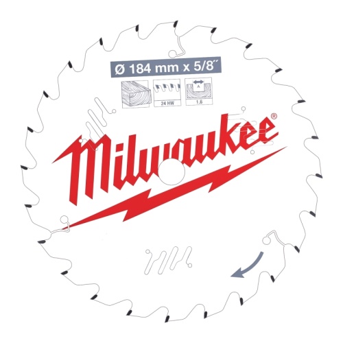4932471378 MILWAUKEE Пильный диск для циркулярной пилы по дереву 184x5/8x1,6x24 скошенные зубья 4932471378 MILWAUKEE Пильный диск для циркулярной пилы по дереву 184x5/8x1,6x24 скошенные зубья