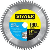 3685-190-30-64 STAYER  Multi Material, 190 х 30/20 мм, 64Т, супер чистый рез, пильный диск по алюминию