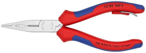 KN-1305160TBK KNIPEX Плоскогубцы электрика для монтажа проводов, 160 мм, хром, 2-комп ручки, проушина для страховки, BK
