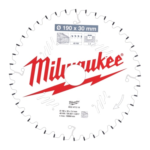 4932471314 MILWAUKEE Пильный диск для торцовочной пилы по дереву 190x30x2,4x40 скошенные зубья отрицат. угол (замена для 4932459544) 4932471314 MILWAUKEE Пильный диск для торцовочной пилы по дереву 190x30x2,4x40 скошенные зубья отрицат. угол (замена для 4932459544)